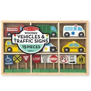 Melissa & Doug Wooden Vehicles and Traffic Signs With 6 Cars and 9 Signs